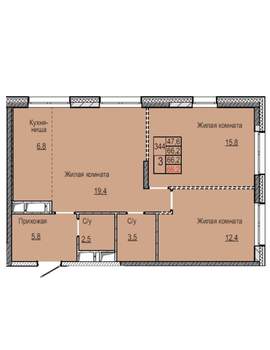 3-к квартира, вторичка, 66м2, 22/23 этаж